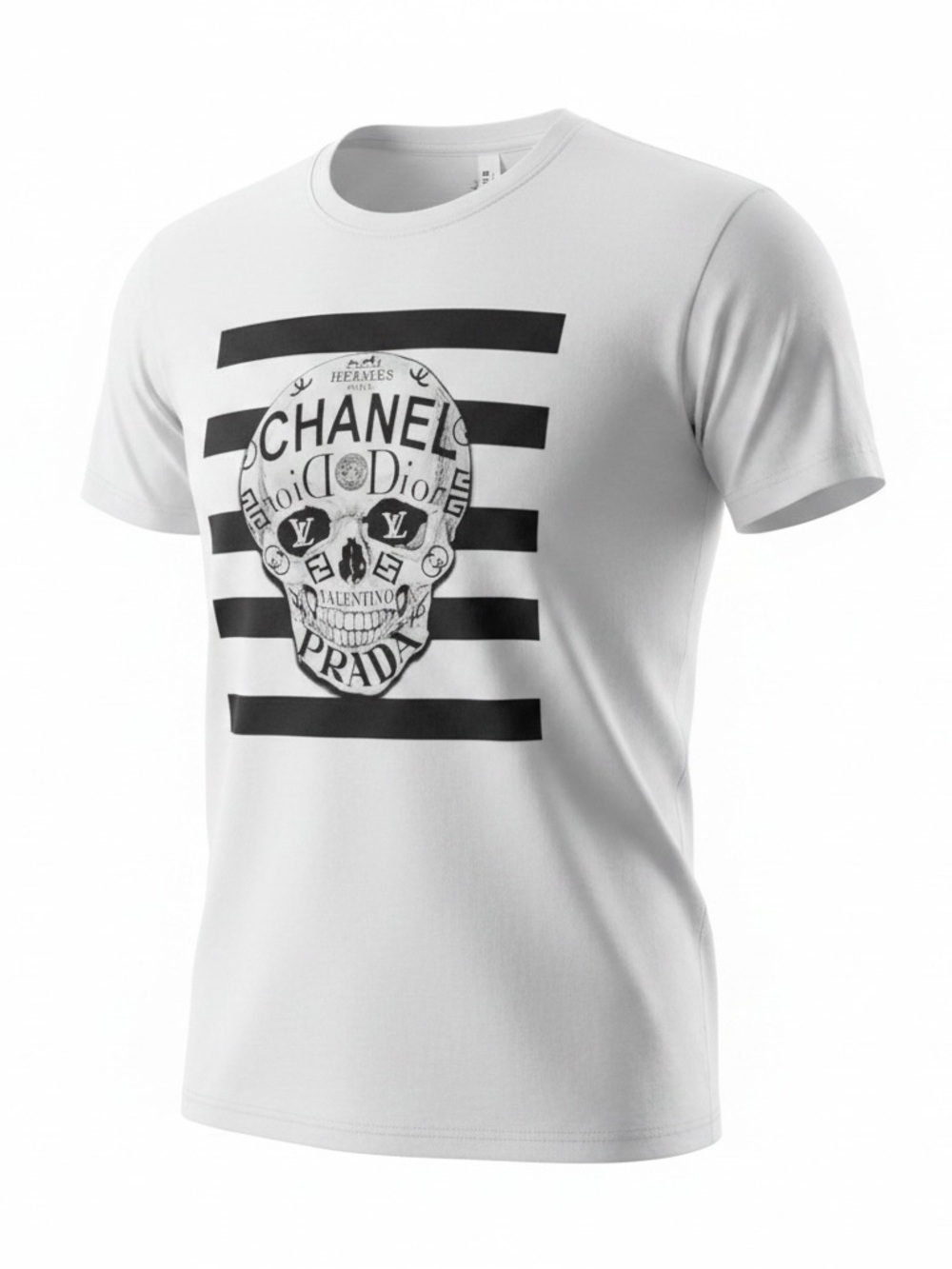 White Graphic Skull Stripe Women’s T-Shirt size large white black